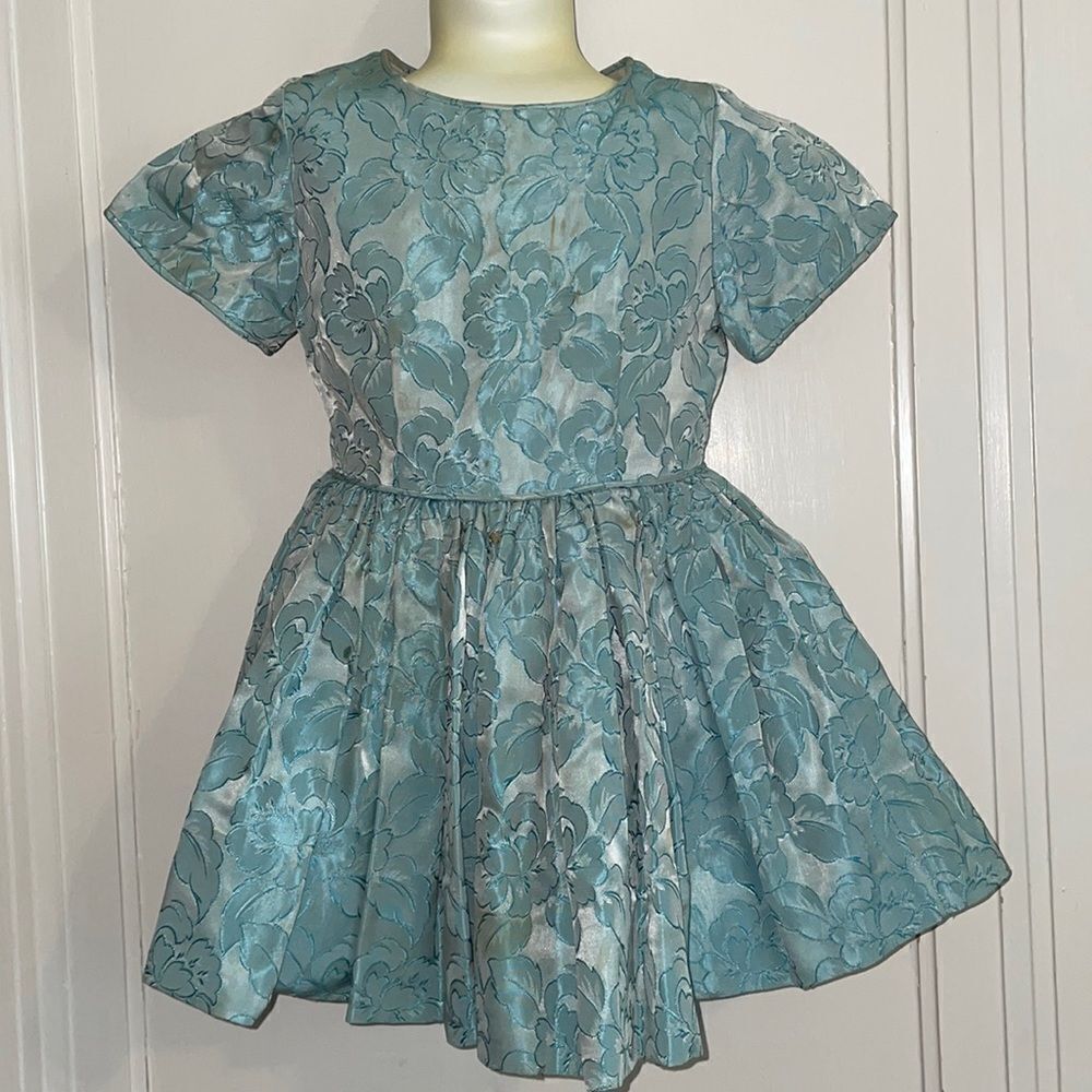 Vtg‎ homemade/handmade aqua/turquoise brocade fit & flare dress with crinoline
